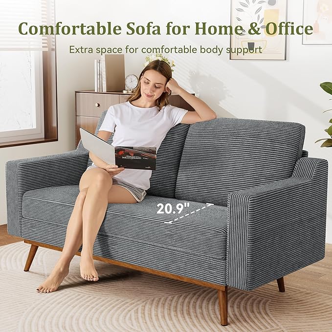 65.4 Loveseat SofaComfy Grey Corduroy Love Seat Couches for Living RoomMid Century Modern Small Couch for Bedroom Office with Spring CushionSolid Wood FrameTool-Free Assembly