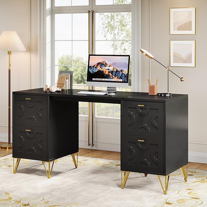 Tribesigns 59-Inch Black Executive Computer Desk with 4 File Drawers Storage Modern Writing Table Luxury Desk with Gold Legs for Home Office