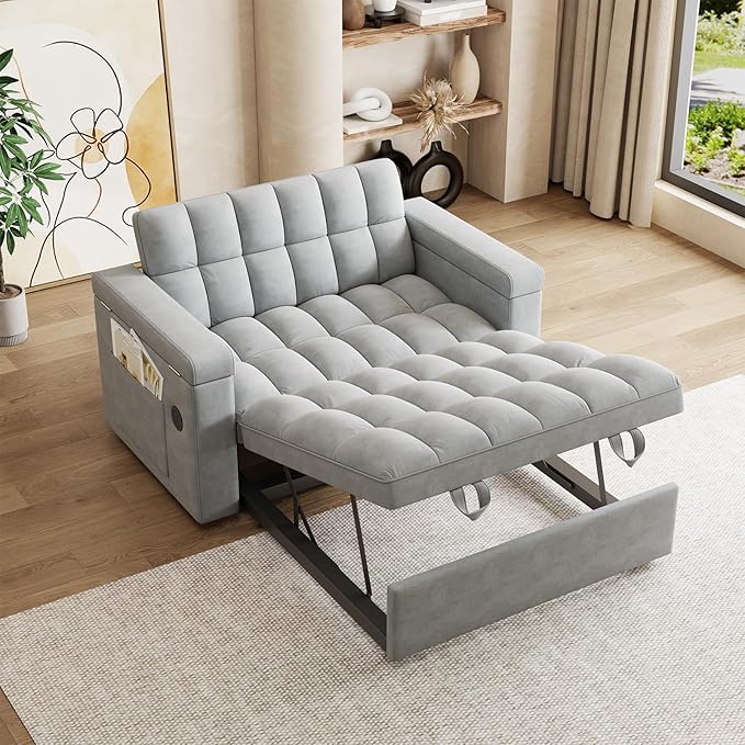 65 Modern Velvet Double Sofa 3 in 1 Foldable Computer Desk Sofa Bed with Adjustable Backrest Storage Bag and Pillow Hidden Living Room Laptop Desk with USB Port (Light Gray)