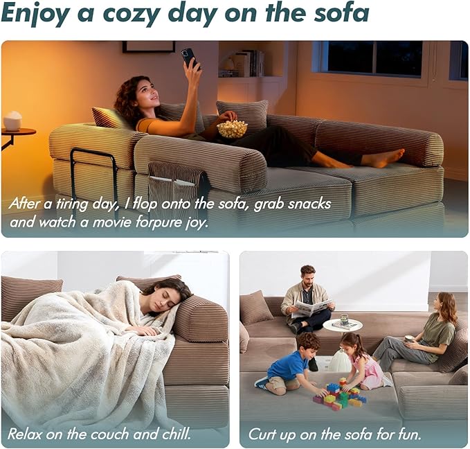 10-in-1 Folding Convertible Sofa Bed 141 Inch Boneless Couch with Fixed-Shape Frame Corduroy Modular Sectional Sofa Mattress Sleeper Sofa Floor Sofa Futon Couch for Living Room (Brown)
