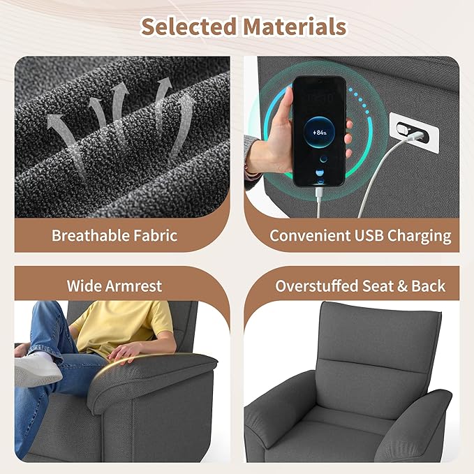 KEIKI Wall Hugger Recliner Chair Zero Wall Electric Recliner Chairs with USB Port Electric Recliner for Living Room Fabric Reclining Armchair for Small Space Dark Gray