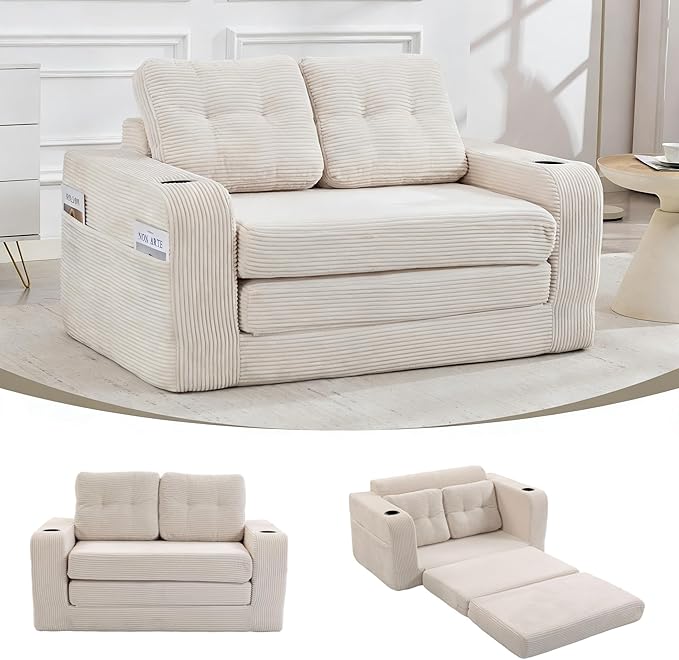 54 Convertible Sofa Bed 2-in-1 Boneless Folding Couch Bed with Cup Holder &amp Pocket Corduroy Fold Out Floor Couch with Pillows for Living Room Bedroom Small Spaces (Beige)