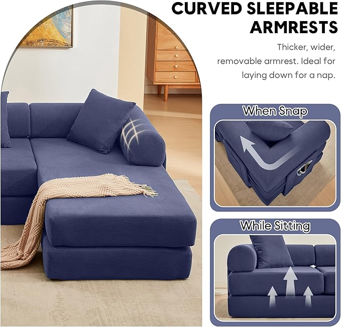 Modular L Shaped Sofa Bed with Cylindrical Pillow &amp Reversible Chaise Corduroy Convertible Floor Boneless Sofa Couch Bed with Fixed-Shape Frame &amp Storage Pocket for Living Room Blue