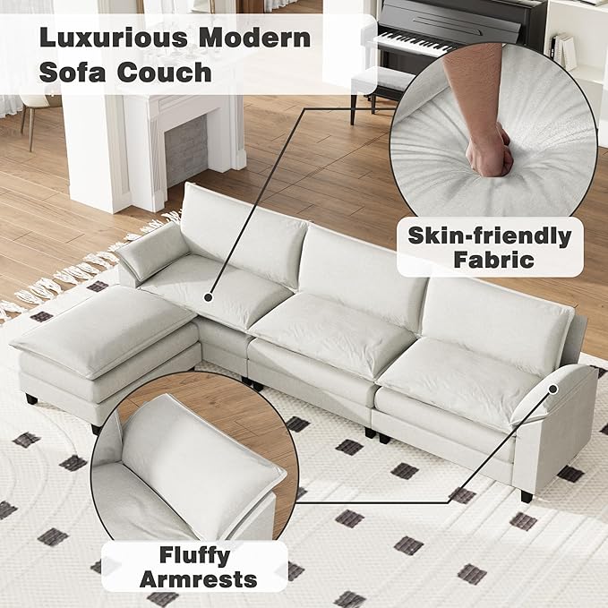 Flamaker Modular Sectional Sofa Couch Fabric Reversible L Shaped Sofa Couch Cloud Couch with Ottoman 3-Seat Sectional Sofa Couches for Living Room Apartment(White)