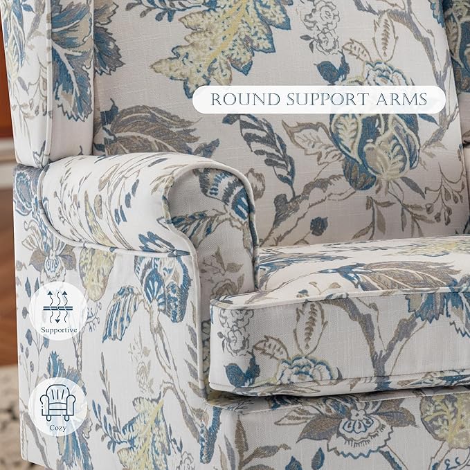 MELLCOM Floral Accent Chair High Back Upholstered Armchair with Solid Legs Leisure Single Sofa Chair for Living Room Bedroom Home Office Blue Floral