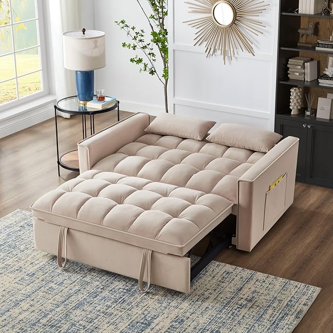 KEIKI Velvet Loveseat Convertible Sofa Bed Sleeper Chair with Adjustable Backrest Pillows &amp Storage Pockets 3 in 1 Pull-Out Couch Chaise Lounge Recliner for Living Room Balcony Bedroom Taupe