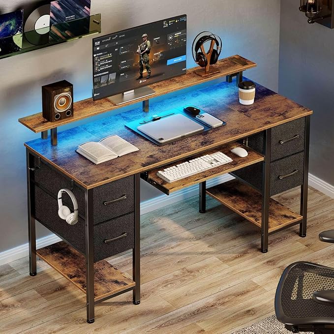 Seventable Computer Desk 47.2 with LED Lights &amp Power Outlets Home Office Desk with 4 Drawers Writing Desk with Keyboard Tray Study Table with Monitor Stand Work Desk for Home Rustic Brown