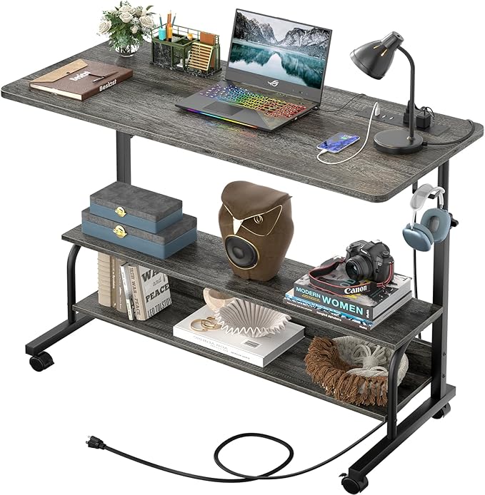 39 Height Adjustable Standing Desk with Power Outlets - Manual Rolling Stand Up Desk with Wheels Small Portable Computer Desk Mobile Laptop Table with Storage Shelves for Home Office Grey Oak