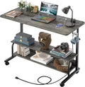 39 Height Adjustable Standing Desk with Power Outlets - Manual Rolling Stand Up Desk with Wheels Small Portable Computer Desk Mobile Laptop Table with Storage Shelves for Home Office Grey Oak