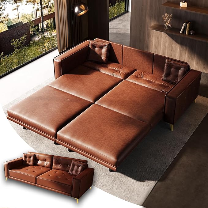 92.1'' King Pull Out Sofa Bed Convertible Futon Couch 3-in-1 Faux Leather Sleeper Sofa with Tufted Back 2 Pillows Gold Legs Deep Folding Loveseat for Living Room Apartment Light Brown