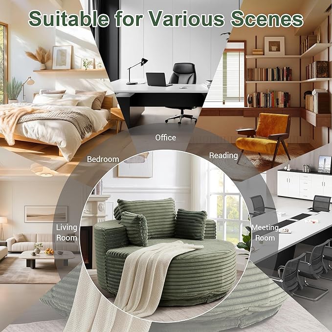 55 Oversized 360 Degree Swivel Chair Modern Round Chair Lounge Upholstered Corduroy Swivel Accent Chair with Deep Seat Comfy Fluffy Sleeper Sofa for Living Room Bedroom Apartment (Green)
