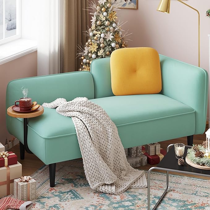 2 Seater Couch Small Love Seat Couches for Small Spaces Bedroom Living Room 57 Mini Sofa Apartment Size Couch Linen Retro Loveseat with Pillow and Removable Tray (Teal Left)