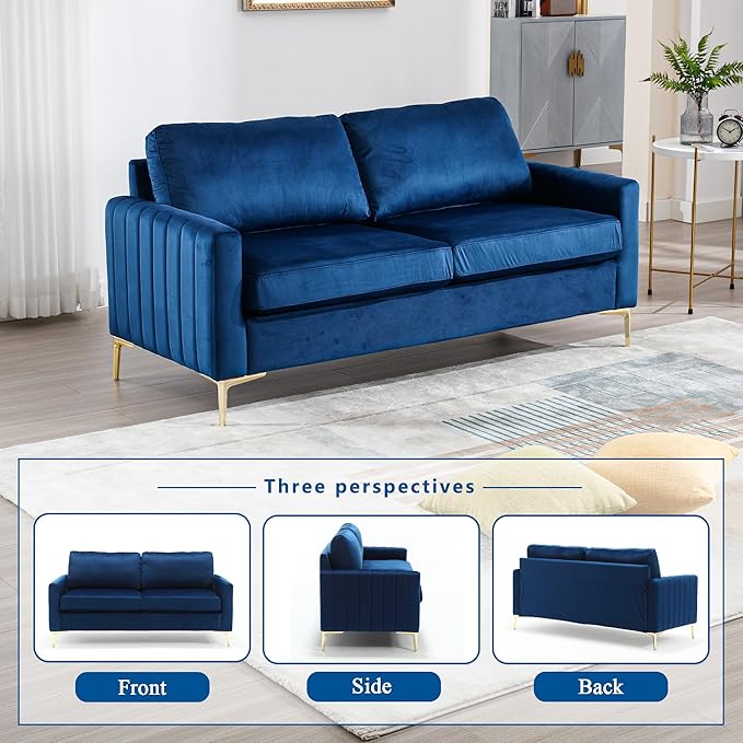 Small Couch for Bedroom 65 Mid Century Modern Loveseat Sofa Love Seat Living Room Comfy Channel Tufted Velvet Upholstered 2 Seater Sectional Couches for Small Space Office Apartment (Navy Blue)