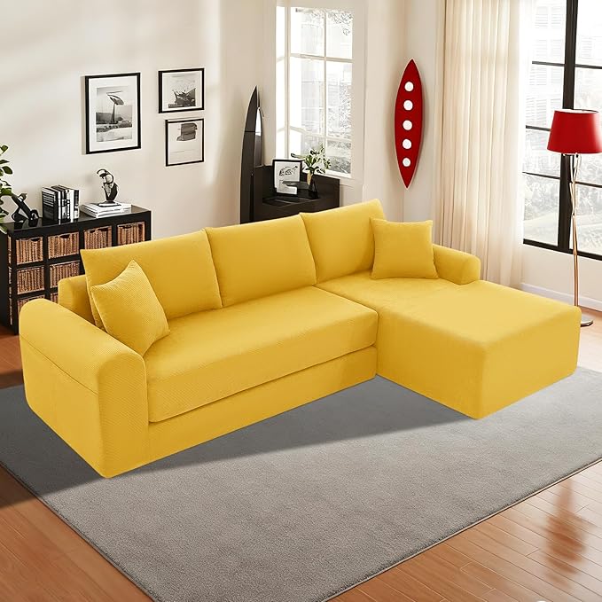 KBQ Modular Sectional Couch in a Box 103 L Shaped Boneless Cloud Couch with Deep Seat Convertible Sofa Bed for Living Room Bedroom Apartments No Assembly Required Yellow Right Facing Chaise