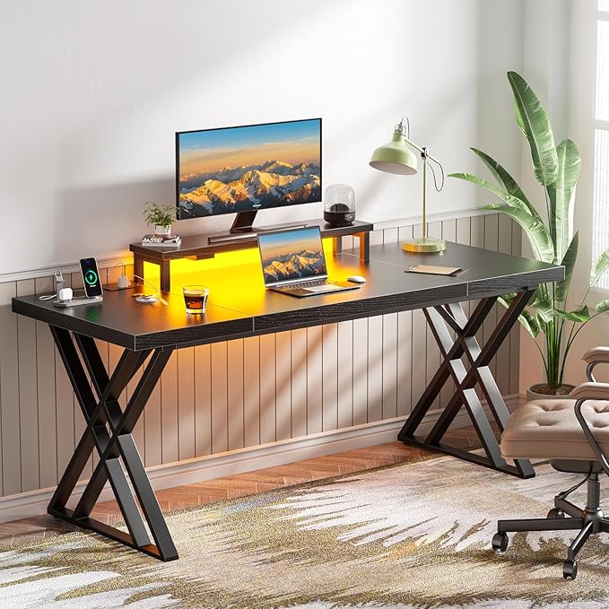 79 Inch Two Person Desk with Drawers Extra Long Desk with Storage Shelves Double Home Office Desk with Hooks 2 Person Writing Study Table Workstation for Home Office (70'' Black2)