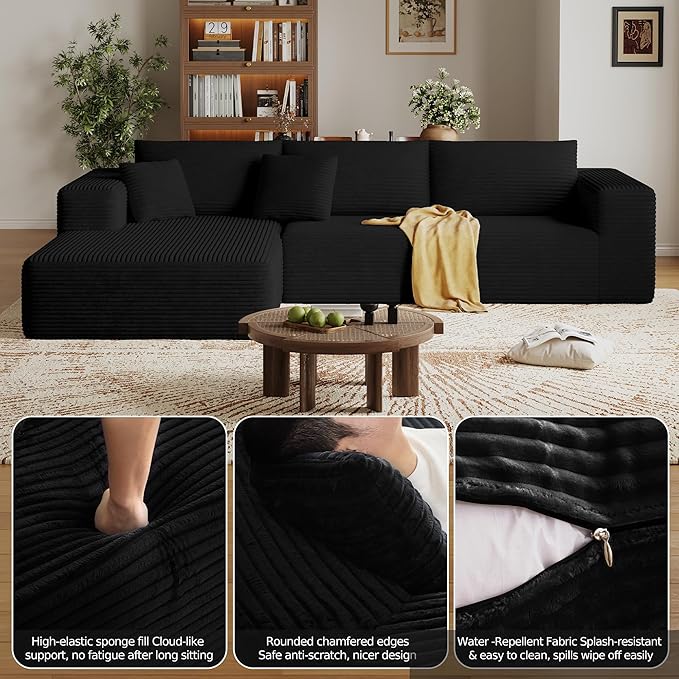 CHORRO108''Sectional Boneless Cloud SofaModern Modular L-Shape Couch for Living RoomCorduroy Convertible Sponge Sleeper SofasUpholstered Lougne Chaise Couchs-with Soft Pillow(BlackLeft Chaise)
