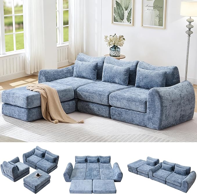 104.72 Multiple Modular Cloud Sofa Bed Sectional Boneless Couch with Chaise for Living Room/Bedroom Shennel Sofa No Assembly 8 Modules Combined Blue