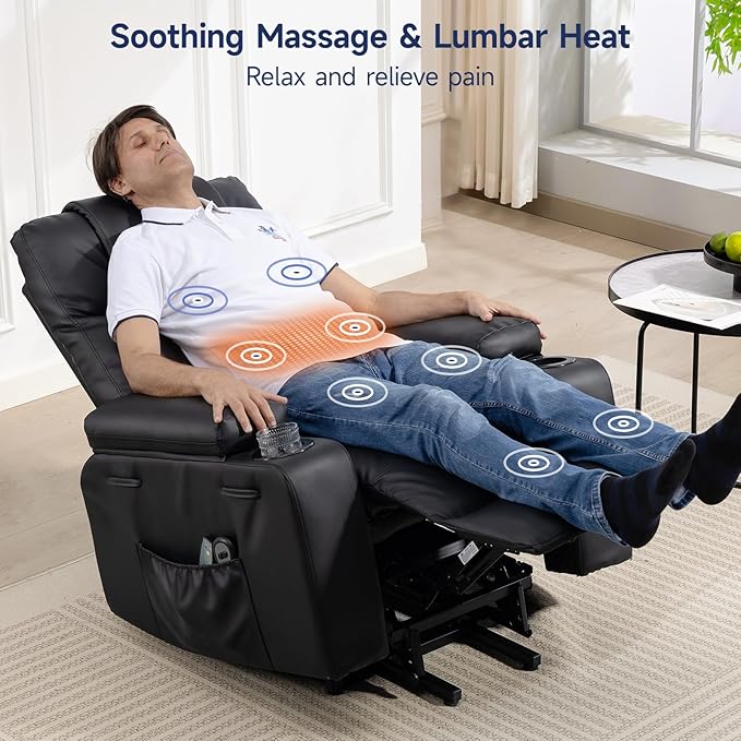 Power Lift Recliner Chair for Elderly with Massage &amp Heat 160° Adjustable PU Leather Electric Recliner with Remote Cup Holders Side Pockets and Stand Assist for Living Room Bedroom (Black)