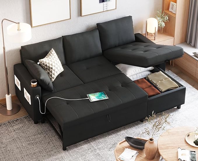 Sleeper Sofa Couch with Pullout Bed 83.5'' L Shaped Convertible Sofa Bed Couches for Living Room Small Apartment Pull Out Couch with USB Storage Chaise Cup Holder Linen Fabric Black