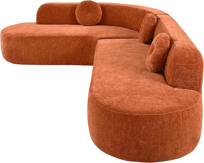 WILLIAMSPACE 122 Curved Sectional Sofa Cloud Round Couch with Elegant Back Design &amp 3 Round Cushions Modern Foam Floor L-Shaped Comfy 4 Seater Curved Couch No Assembly Orange