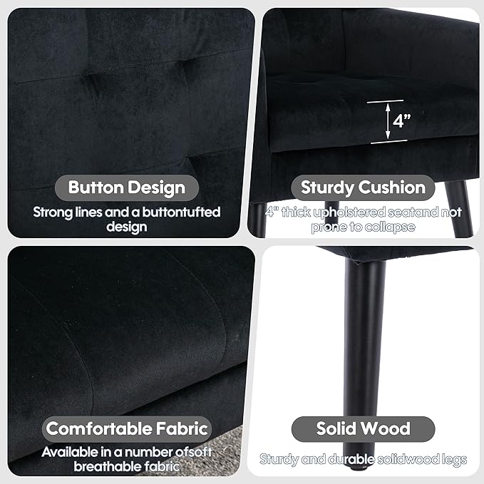 Set of 2 Velvet Accent Chair Mid-Century Modern Tufted Armchair for Living Room Bedroom &amp Office (Black)