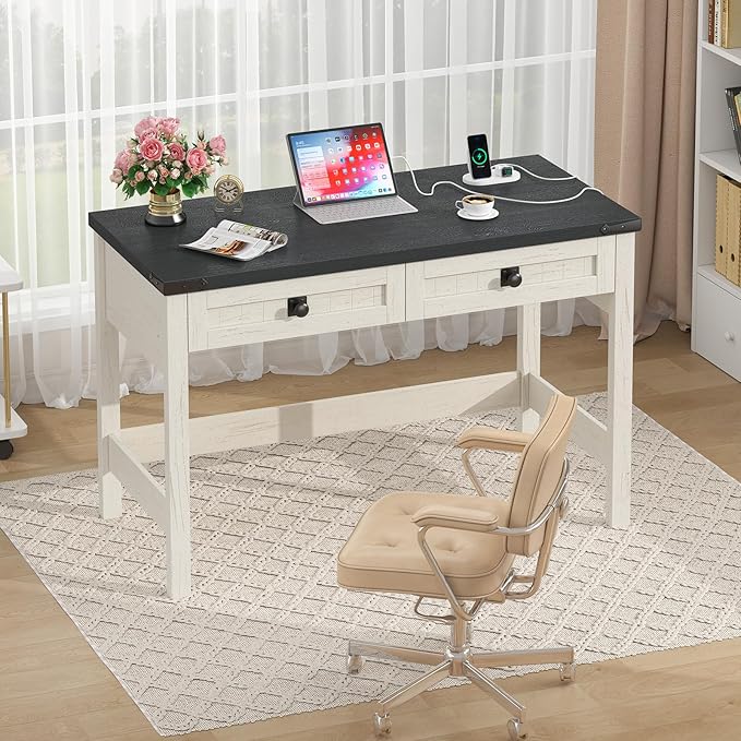 Farmhouse Computer Desk with 2 Drawers 39 Inch Small Office Computer Desk with Power Outlets Compact Writing Study Vanity Desk for Small Spaces Black and White