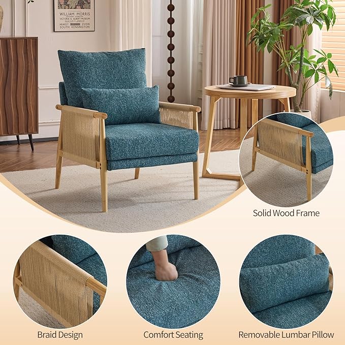 Karl home Cozy Chenille Accent Chair with Lumbar Pillow &amp Rattan Arms Modern Lounge Chair for Living Room Bedroom Reading Nook Blue &amp Green