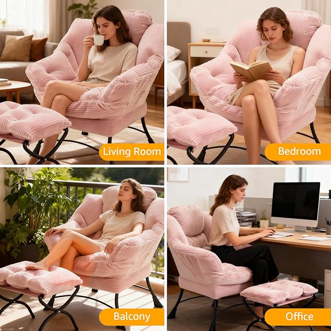 Large Lazy Chair and Ottoman for Adults Accent Chair Oversized Lounge Armchair with Side Pocket &amp Footrest Comfy Reading Chair Leisure Sofa for Bedroom Living Room Office (Corduroy Pink Sing