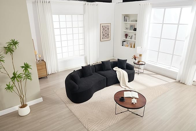 Oversized Sectional Sofa for Living Room 110 Modern Luxury Chenille 4-Seater Extra Deep &amp Wide Seat Curved Cloud Couch with 4 Throw Pillows No Assembly Needed Cream Black