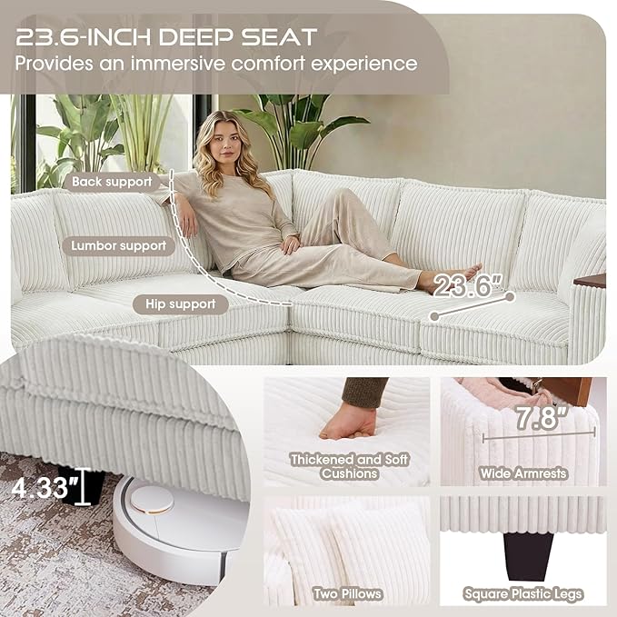 Corduroy Couch Sectional with 2 Pillows Oversized Corduroy Sofa L Shaped Couch Armrests with Two Hidden Storage Space Sectional Couches for Living Room Beige