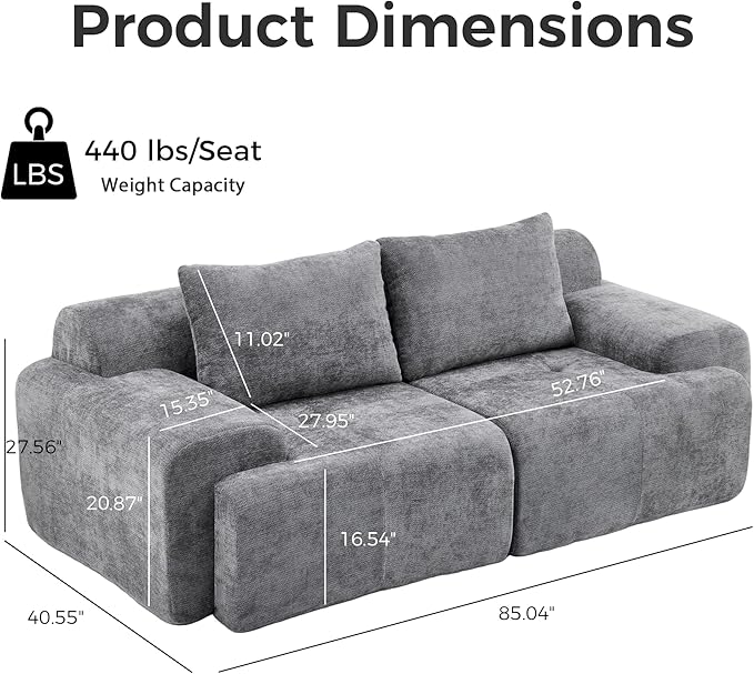 Modular Sectional Sofa Chenille Upholstered Boneless Couch Modern Deep Seat Cloud Sectional Couches for Living Room 85 Loveseat Apartment Sofa No Assembly Grey