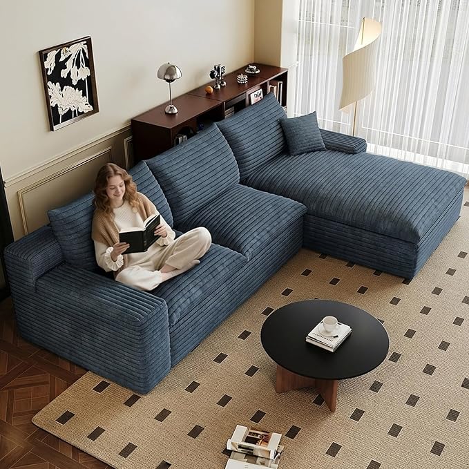 107 Cloud Sectional Couch L-Shaped Chaise Corduroy Boneless Couch for Living Room Bedroom Deep-Seat Upholstered Modular Cloud Sofa No Assembly Required (Blue Right Facing Chaise)