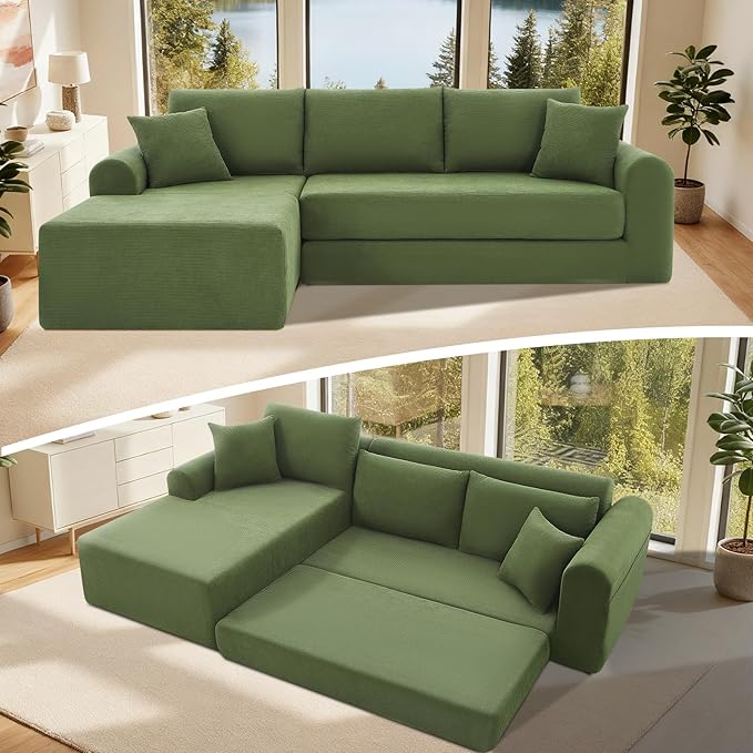 KBQ Modular Sectional Couch in a Box 103 L Shaped Boneless Cloud Couch with Deep Seat Convertible Sofa Bed for Living Room Bedroom Apartments No Assembly Required Green Left Facing Chaise
