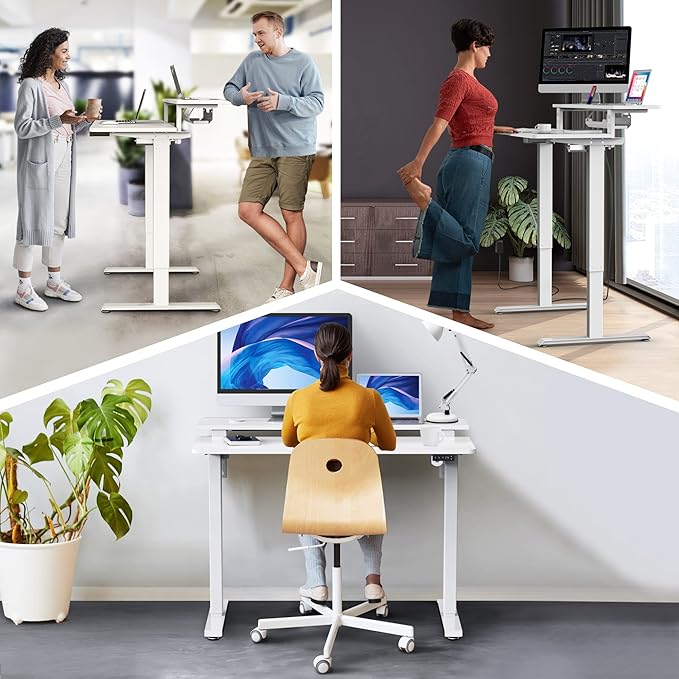 AVLT 47″ Electric Standing Desk with Dual-Tier Shelf &amp Tablet Holder – Height Adjustable Sit-Stand Desk for Home Office Motorized Frame Supports 176 lbs (80kg) Includes Tabletops – White