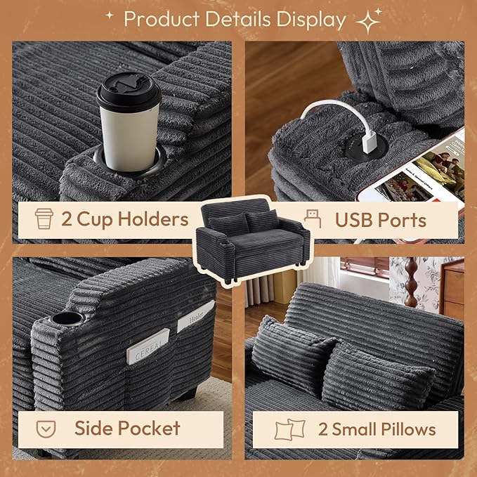 VINGLI Dark Gray Futon Sofa Bed Convertible Loveseat Sleeper Sofa Couch Corduroy Pullout Sofa Fold Out Couch Bed with USB Ports Cup Holders Armrest for Living Room Bedroom Apartment Room | Loveses