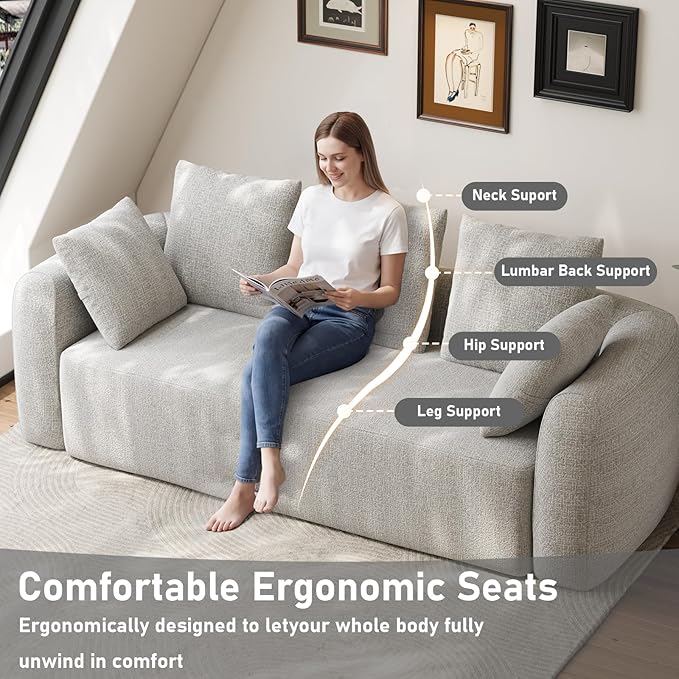 101 Curved Sofa Cloud Couch for Living Room Comfy Chenille 3-Seater Boneless Sofa Extra Deep &amp Wide Seat with 5 Throw Pillows No Assembly Needed Beige