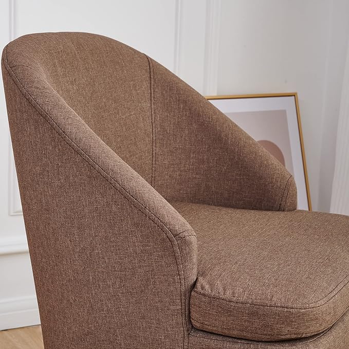 Cute Upholstered Accent Club Coffee Chair with Barrel Style Cotton Linen Like Fabric Round Single Sofa for Wooden Leg Living Room Bedroom Large
