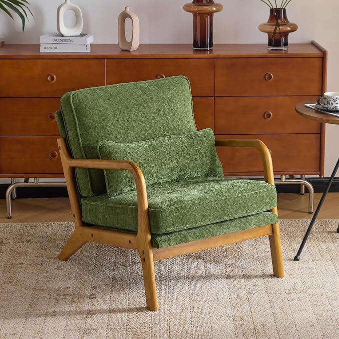 Karl home Mid Century Modern Accent Chair with Lumbar Pillow &amp Oak Arms – Plush Chenille Living Room Chair for Bedroom Lounge (Olive Green)