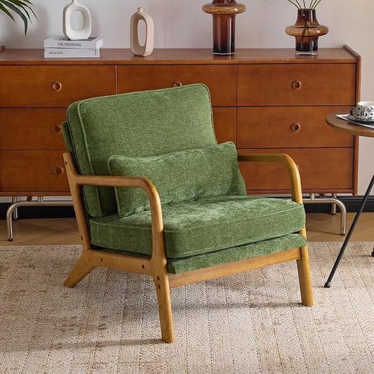 Karl home Mid Century Modern Accent Chair with Lumbar Pillow &amp Oak Arms – Plush Chenille Living Room Chair for Bedroom Lounge (Olive Green)