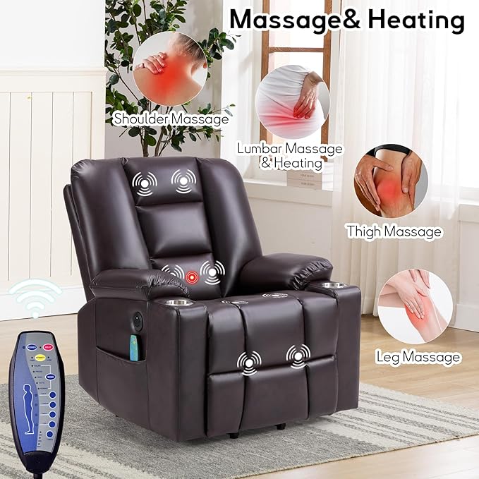 Bonzy Home Power Lift Chair with Heat and Massage Faux Leather Lift Recliner Chair for Adults Elderly Upholstered Recliner with 2 Cup Holders Side Pocket USB and Type-c Port Brown