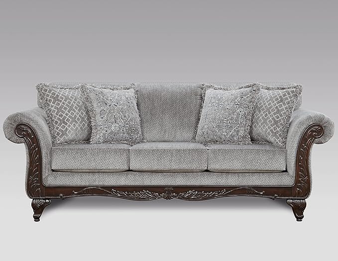Hernen Carved Wood Frame Sofa Gray