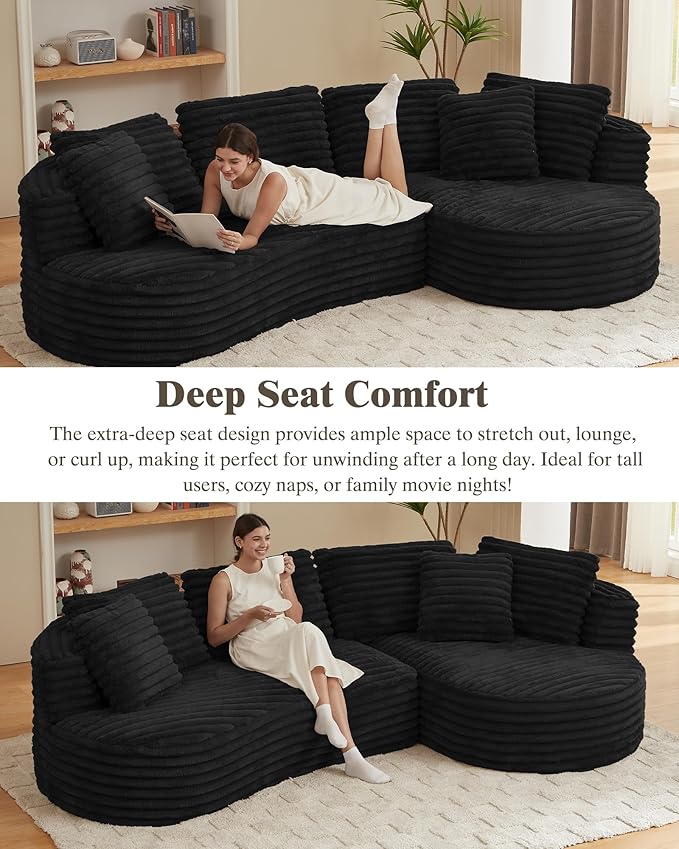 121 inch Boneless Cloud Modular Sectional Couch Wide Curved L Shaped Sofa with Chaise | Corduroy Fabric | Compressed Foam Sofa for Living Room | No Assembly Black