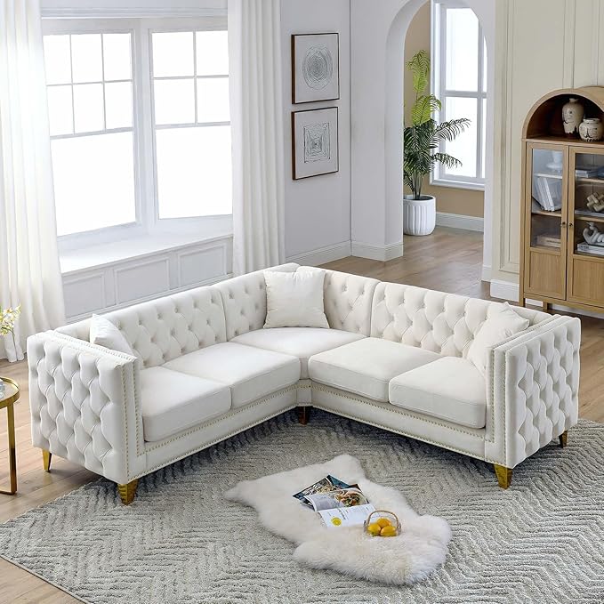 Antetek L Shaped Couches for Living Room Modern Button Tufted Velvet Sofa Couch with Square Armrests Inlaid with Gold Nail Heads Upholstered Corner Sofas for Living Room Office Apartment Beige