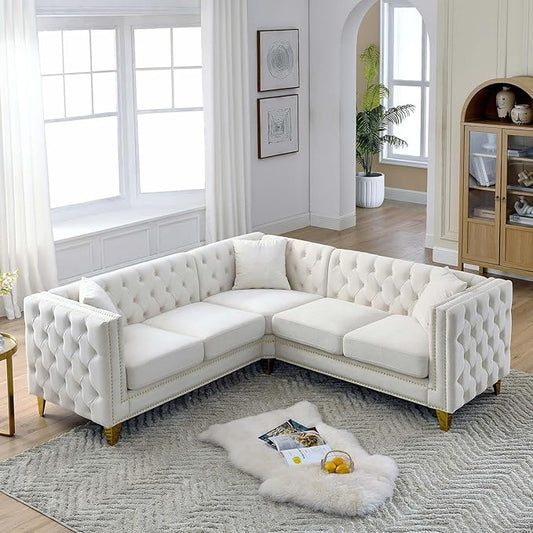 Antetek L Shaped Couches for Living Room Modern Button Tufted Velvet Sofa Couch with Square Armrests Inlaid with Gold Nail Heads Upholstered Corner Sofas for Living Room Office Apartment Beige