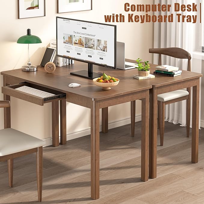 Solid Wood Desk with Keyboard Tray - 48 Inch Mid Century Modern Writing Desk Computer Desks with Keyboard Tray Simple Study Table Home Office Desks for Bedroom|Small Spaces-Walnut Color