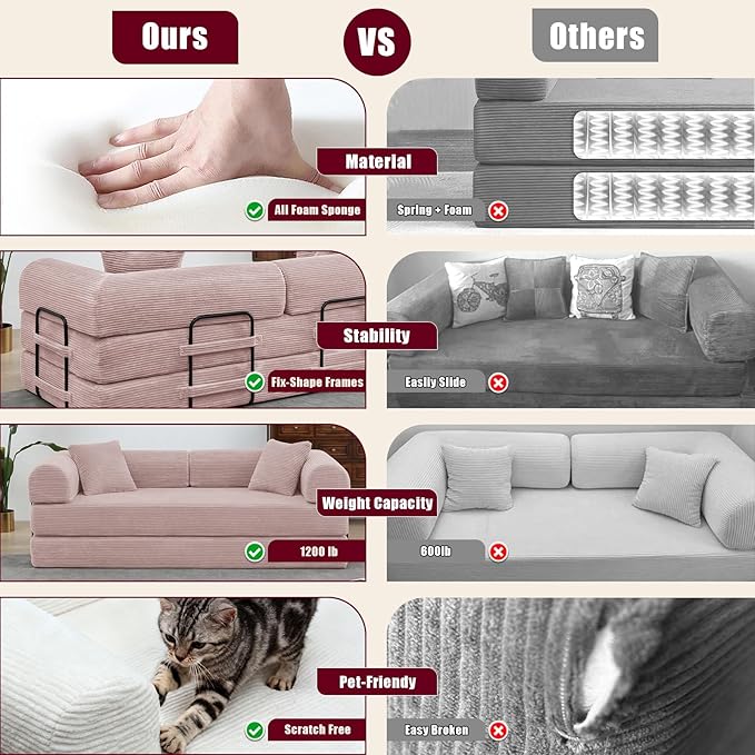 JJJ 63 inch Sofa Bed 4-in-1 Boneless Convertible Corduroy Sleeper Folding Couch with Fixed-Shape Frame and 2 Futons No Assemble Required 3 Seater Upholstered for Living Room (Pink 63 inch)
