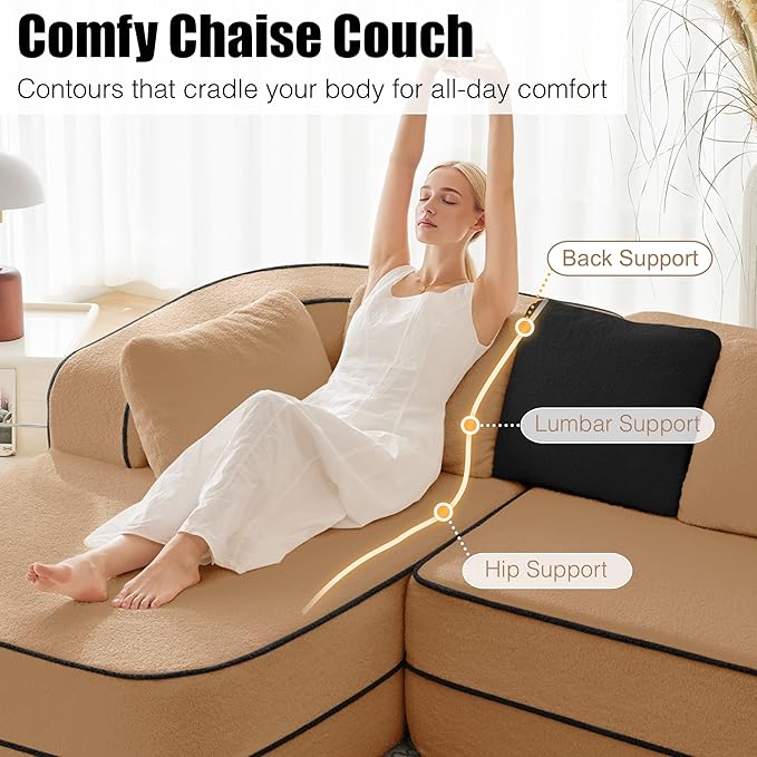 105.9 Modular Sectional Couch Sofa for Living RoomHigh Density Sponge Boneless Sofa with Left ChaiseL-Shaped Cloud Couch with Soft Teddy FabricNo Assembly RequiredCamel