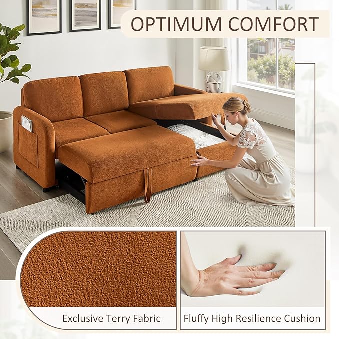 84-inch Sleeper Sofa Bed L-Shaped Corner Reversible Sleeper Sectional Sofa with Storage Chaise 2 in 1 Cloud Terry Convertible Pull Out Couch for Small Space Bedroom Apartment Office Living Room