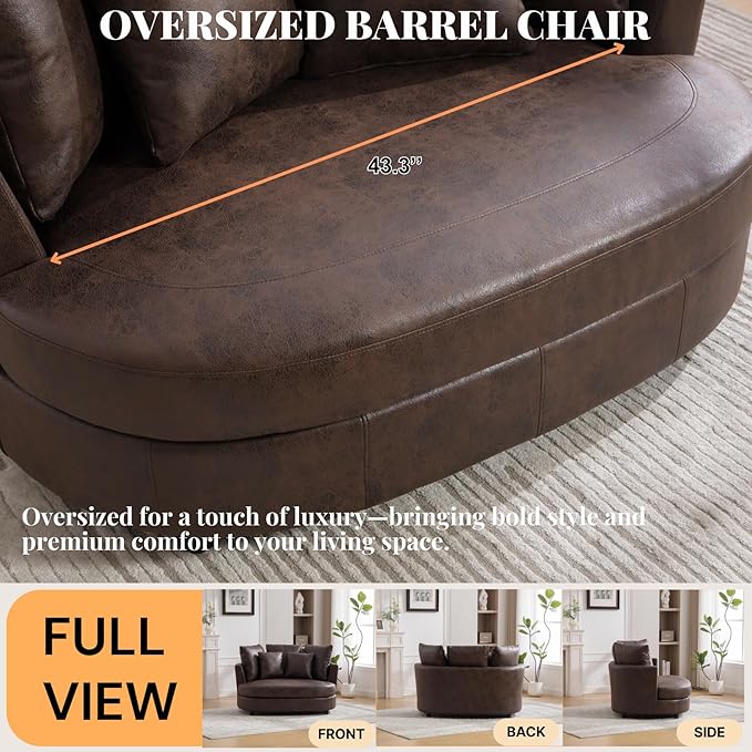 54.9''W Oversized Accent Barrel Chair Upholstered Faux Leather Comfy Couch Sofa with 5 Pillows for Bedroom Living Room Apartment Studio Brown.