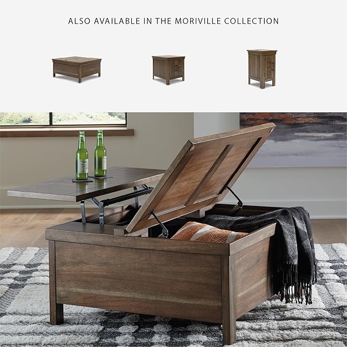 Signature Design by Ashley Moriville Rustic Hinged and Lift Top Cocktail Table with Hidden Storage Light Brown